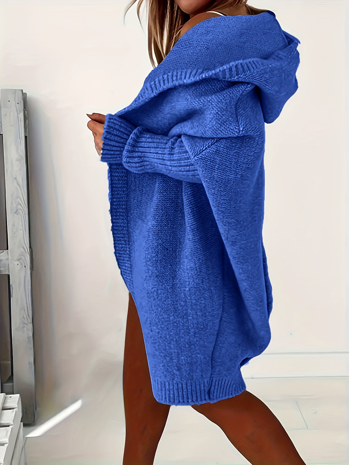 Plus Size Casual Cardigan, Women's Plus Solid Stitching Long Sleeve Hooded Open Front Slight Stretch Sweater Cardigan