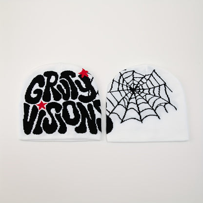 1pc Men's Funky "GRU VISION" Spider Web Knit Beanie - 100% Acrylic, Trendy Letter & Star Design in Multiple Colors, Soft & Stretchy Fabric for Casual Attire