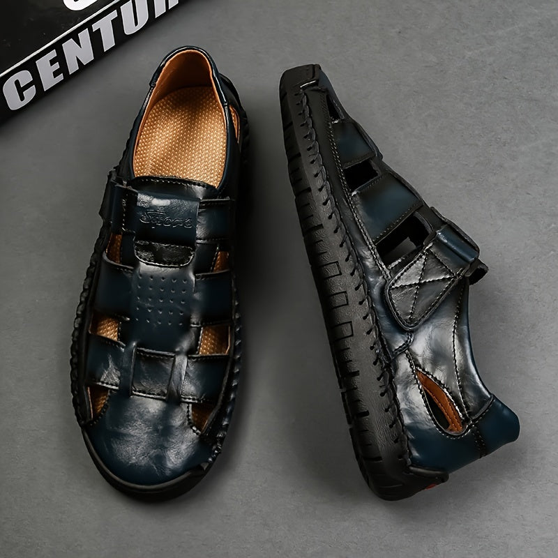 Men's Retro Brown Faux Leather Sandals - Adjustable Hook and Loop Fastener, Non-Slip Rubber Sole, Comfortable Open-Toe Slides for Outdoor Hiking, Trekking, Beach Wear | Spring/Summer/Autumn