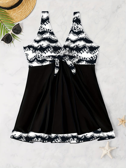 Plus Size Womens Vibrant Floral Print Tie Front V Neck One Piece Swimsuit - High Stretch, Comfortable, Vacation Essential - Polyester Knit Fabric, Random Printing, No Sheer