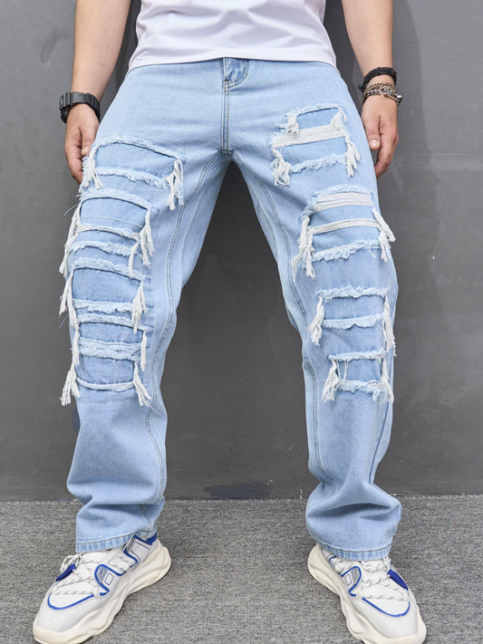 Men's Straight Leg Jeans, Casual Street Style Raw Trim Denim Pants With Pockets