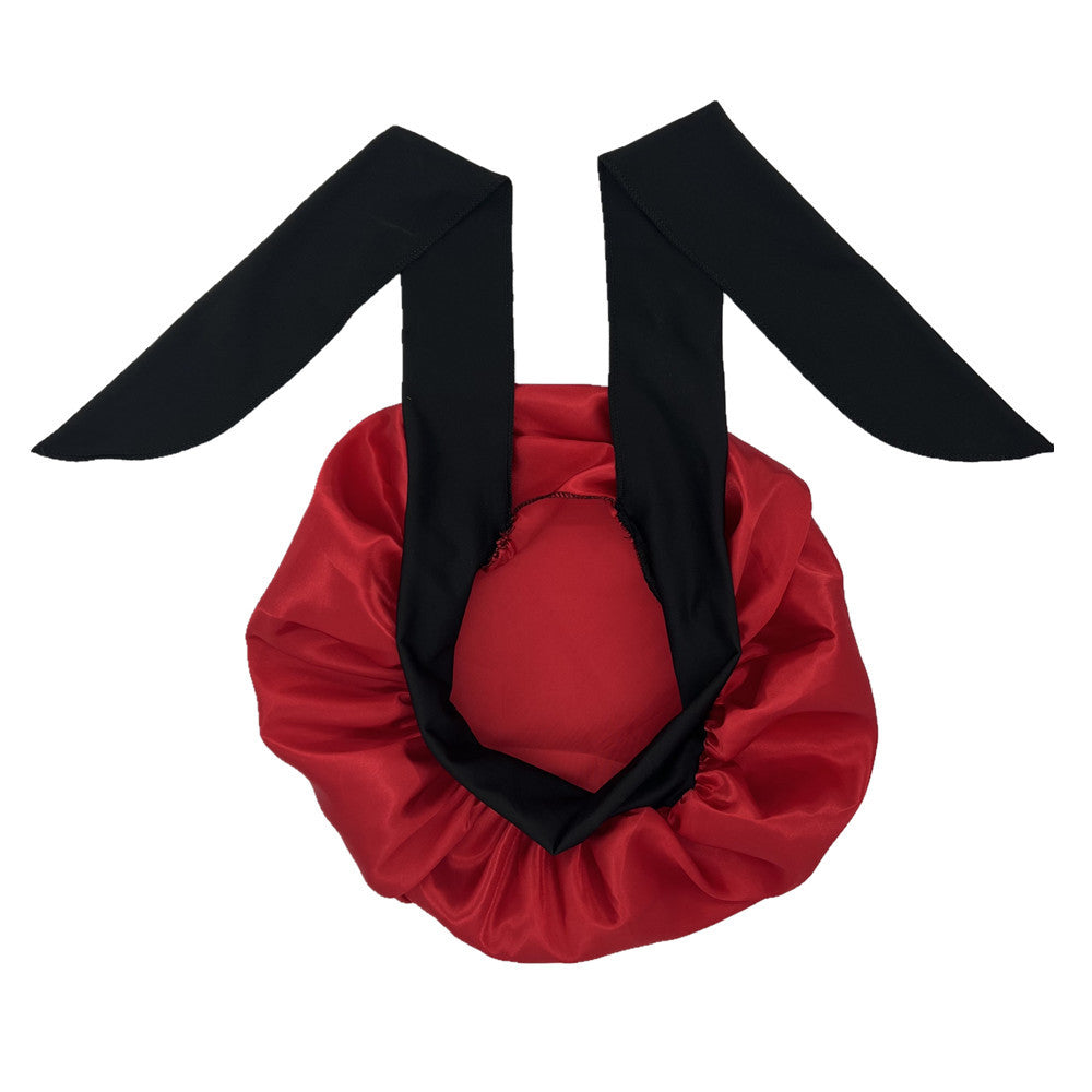 ZTZI Jumbo Satin Sleep Bonnet with Adjustable Elastic Tie Band - Large Black Hair Bonnet for Women, Stretchy Straps for Long Curly Braid Hair Protection, Soft Polyester Material