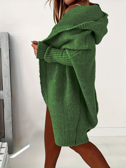 Plus Size Casual Cardigan, Women's Plus Solid Stitching Long Sleeve Hooded Open Front Slight Stretch Sweater Cardigan