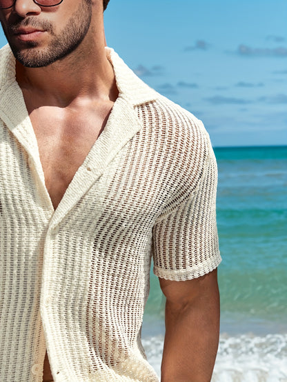 2Pcs Men's Co-ord Set - Breathable Hollow Out Short Sleeve Shirt and Drawstring Shorts for Summer - Daily Leisure, Vacation, Resorts, and Outdoor Activities