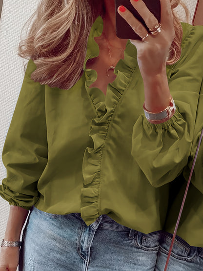 Ruffled Trim V Neck Shirt, Elegant Loose Long Sleeve Shirt, Women's Clothing