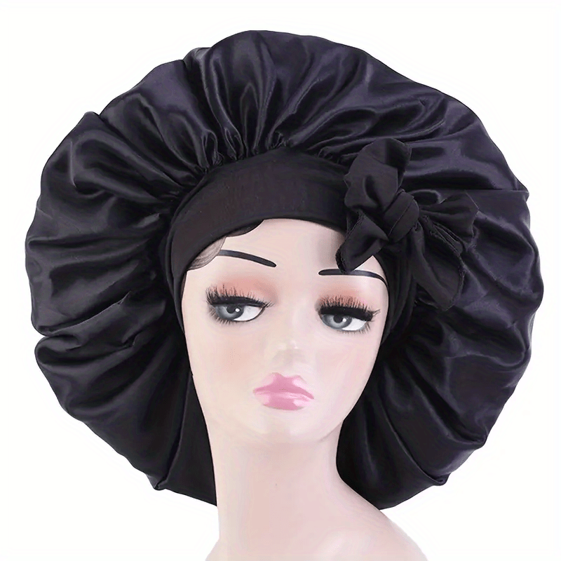 ZTZI Jumbo Satin Sleep Bonnet with Adjustable Elastic Tie Band - Large Black Hair Bonnet for Women, Stretchy Straps for Long Curly Braid Hair Protection, Soft Polyester Material