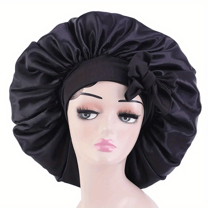 ZTZI Jumbo Satin Sleep Bonnet with Adjustable Elastic Tie Band - Large Black Hair Bonnet for Women, Stretchy Straps for Long Curly Braid Hair Protection, Soft Polyester Material
