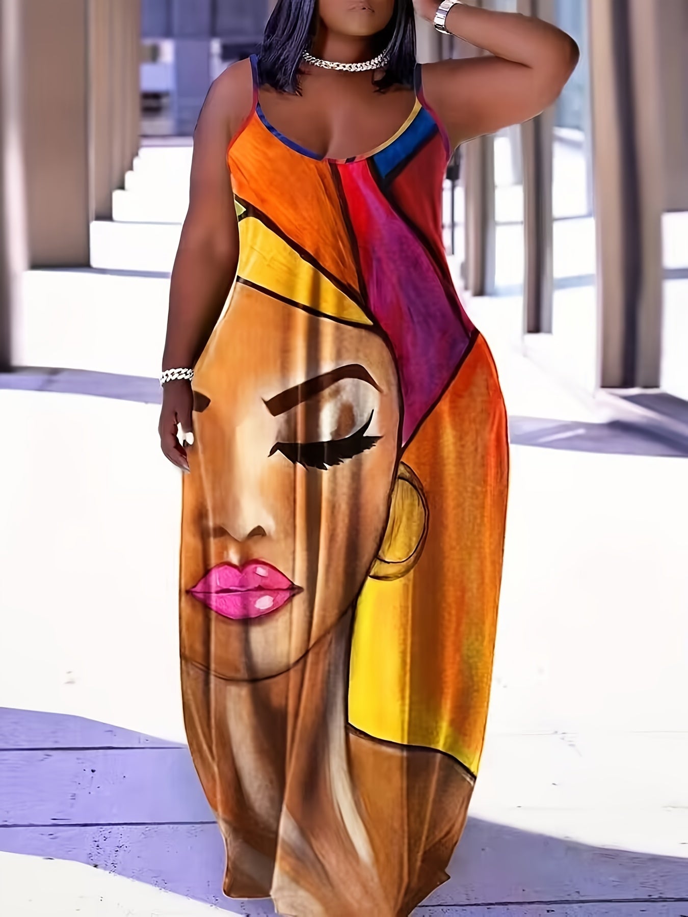 Figure Print Dress, Sexy Spaghetti Strap Backless Maxi Dress, Women's Clothing