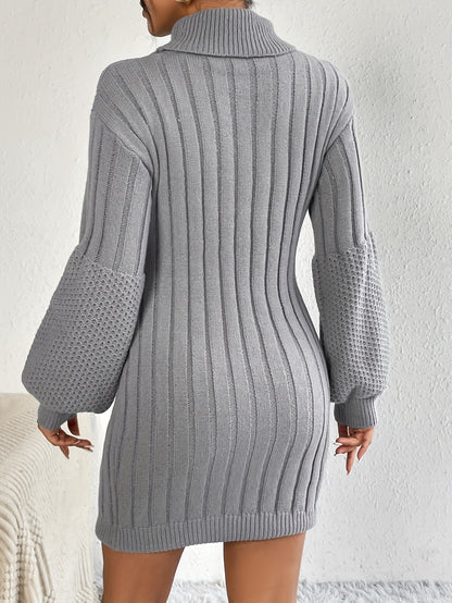 Solid Lantern Sleeve Sweater Dress, Elegant Slim Bodycon Turtleneck Knitted Dress, Women's Clothing