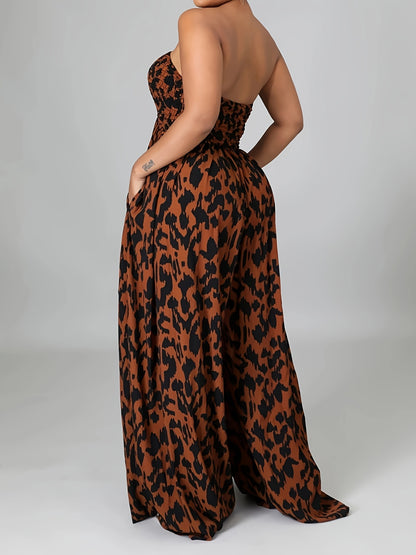 Allover Print Tube Jumpsuit, Casual Off Shoulder Wide Leg Jumpsuit, Women's Clothing