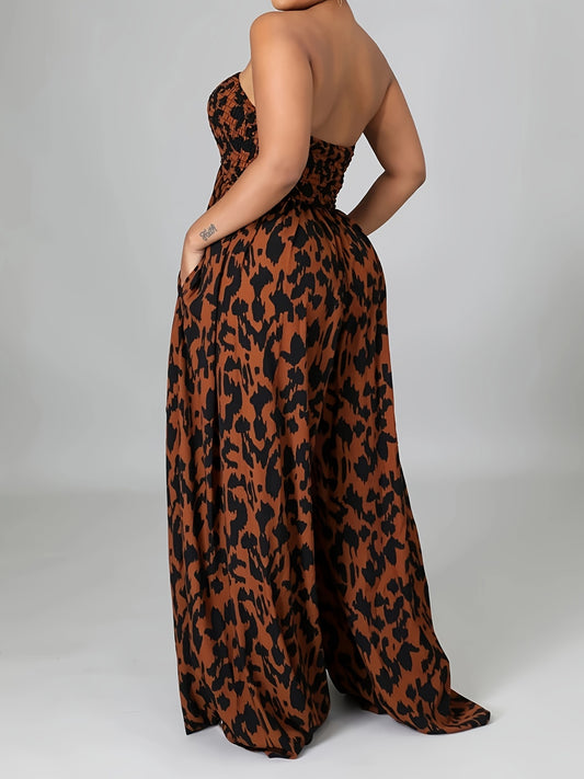 Allover Print Tube Jumpsuit, Casual Off Shoulder Wide Leg Jumpsuit, Women's Clothing