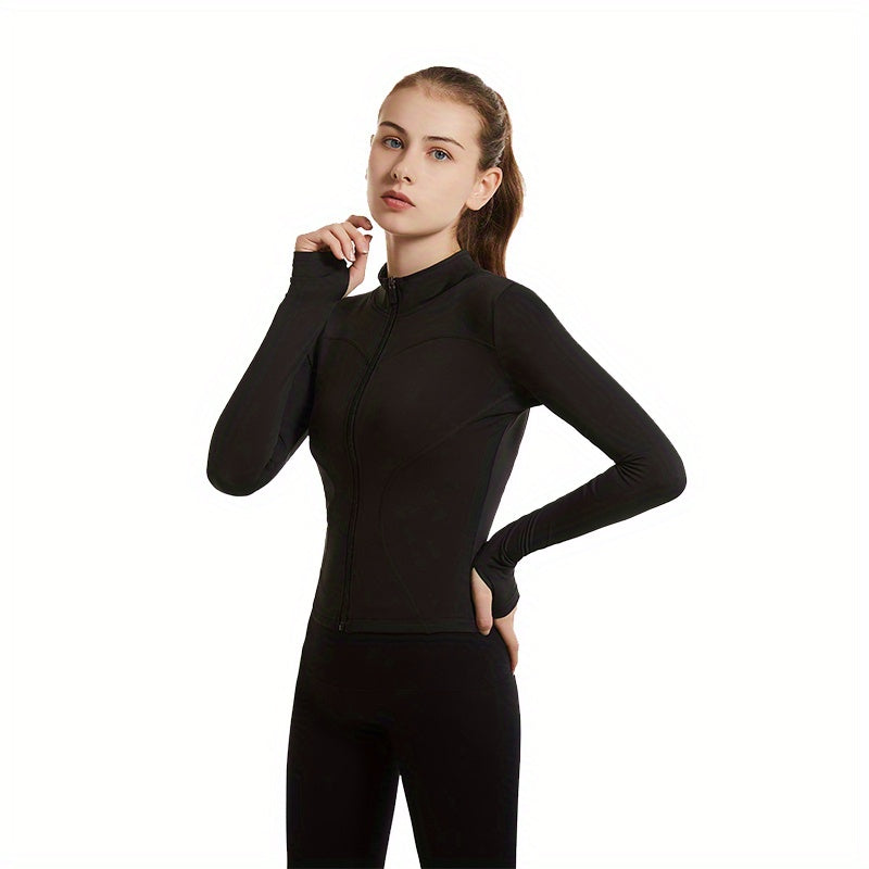 Plus Size Sports Top, Women's Plus Zip Up Long Sleeve Medium Stretch Slim Fit Running Jacket