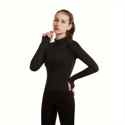 Plus Size Sports Top, Women's Plus Zip Up Long Sleeve Medium Stretch Slim Fit Running Jacket