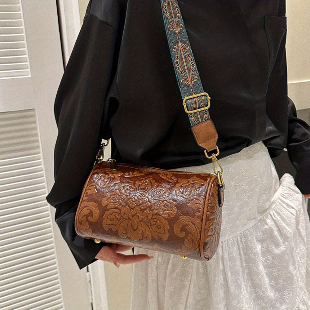 Boho-Chic Floral Embossed Crossbody & Shoulder Bag for Women | Elegant Retro Charm with Secure Zipper Closure, Perfect for Every Occasion