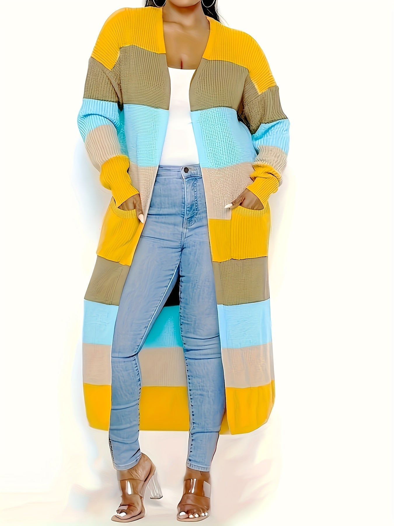 Long Sleeve Color Block Knit Cardigan - Stylish Open Front, Cozy Casual Sweater with Convenient Pockets, Perfect for Womens Everyday Wear