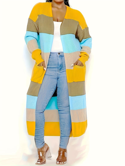 Long Sleeve Color Block Knit Cardigan - Stylish Open Front, Cozy Casual Sweater with Convenient Pockets, Perfect for Womens Everyday Wear
