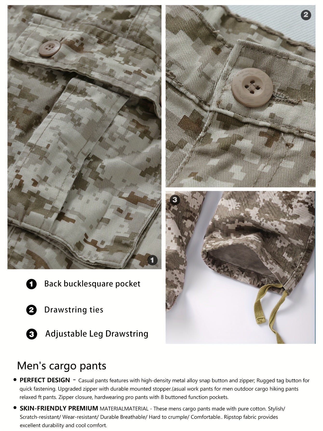 AKNAVY Solid Cotton Camo Multi Flap Pockets Men's Straight Leg Cargo Pants, Loose Casual Outdoor Pants, Men's Work Pants For Hiking Fishing Angling