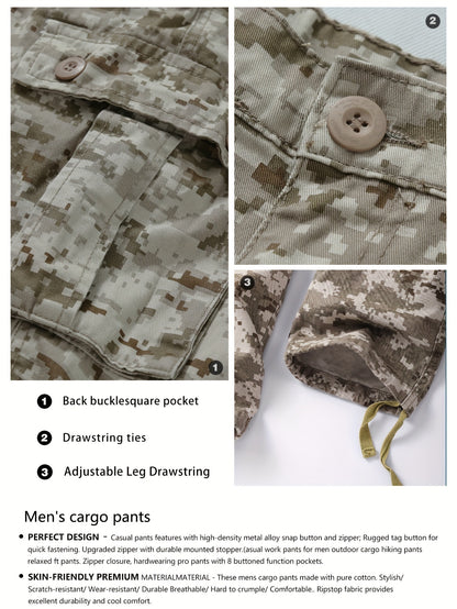 AKNAVY Solid Cotton Camo Multi Flap Pockets Men's Straight Leg Cargo Pants, Loose Casual Outdoor Pants, Men's Work Pants For Hiking Fishing Angling