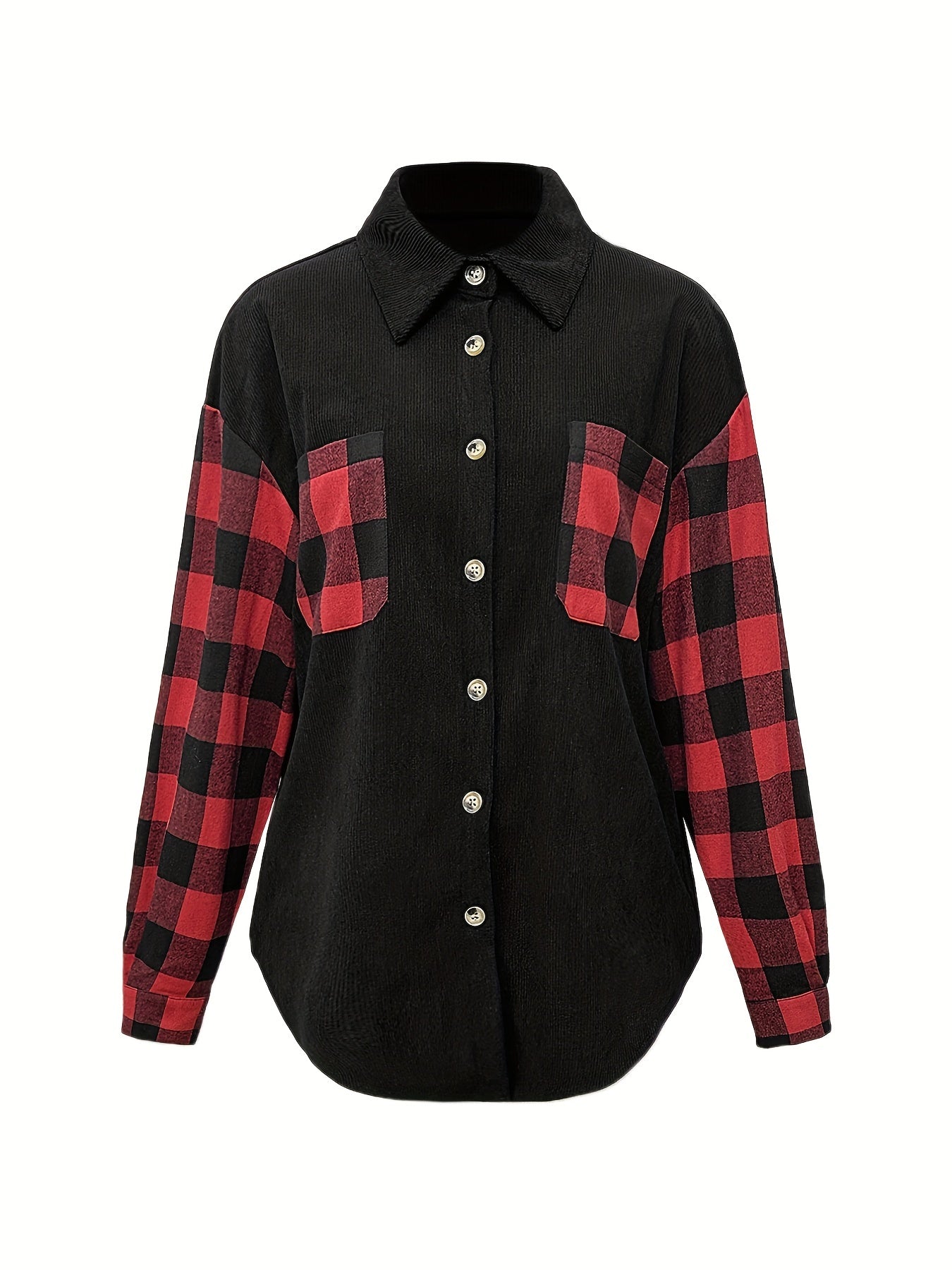 Plaid Print Splicing Shirt, Casual Button Front Long Sleeve Shirt, Women's Clothing