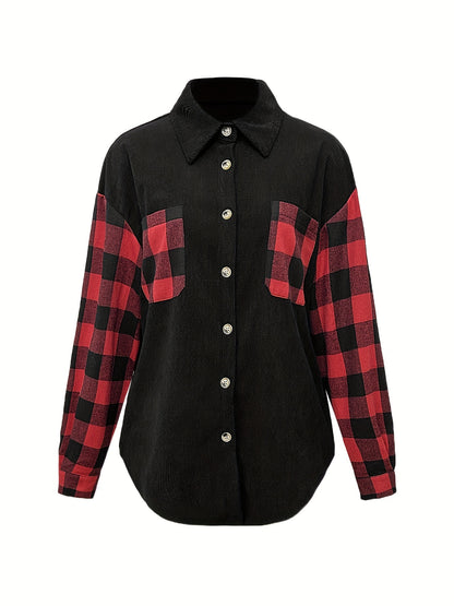 Plaid Print Splicing Shirt, Casual Button Front Long Sleeve Shirt, Women's Clothing