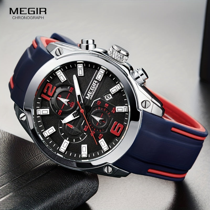 Megir Men's Chronograph Analog Quartz Watch - Date Function, Luminous Display, Soft Silicone Rubber Strap, Stylish Wristwatch Ideal for Gifts, Everyday Wear