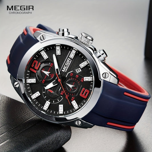 Megir Men's Chronograph Analog Quartz Watch - Date Function, Luminous Display, Soft Silicone Rubber Strap, Stylish Wristwatch Ideal for Gifts, Everyday Wear
