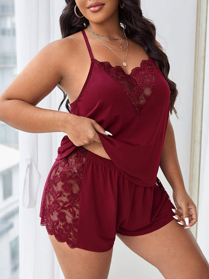 Plus Size Sexy Pajama Set, Women's Plus Contrast Lace Scalloped Trim Halter Cami Top & Shorts Lounge Two Piece Set