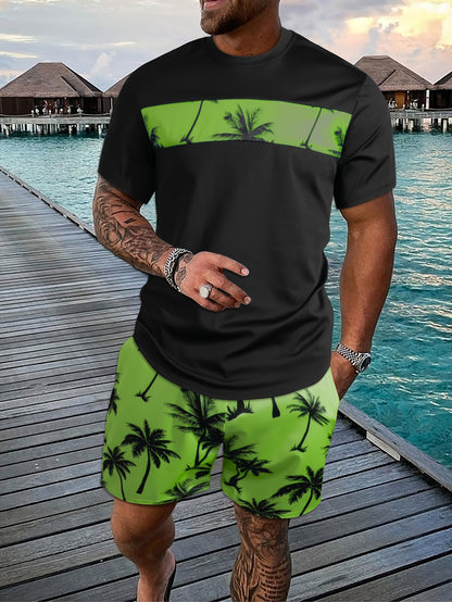 2Pcs Men's Tropical Coconut Tree Print Casual Outfits - Crew Neck Short Sleeve T-shirt & Drawstring Shorts Set - For Summer Vacation & Resorts - Men's Clothing