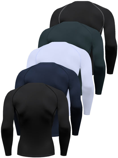 [HOPLYNN Compression Shirts] 5pcs HOPLYNN Men's Compression Shirts - Breathable Polyester Blend, Long Sleeve Athletic Base Layer Tops for Workout & Outdoor Activities, Machine Washable