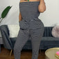 Striped Off Shoulder Drawstring Jumpsuit, Casual Short Sleeve Slim Jumpsuit For Spring & Summer, Women's Clothing
