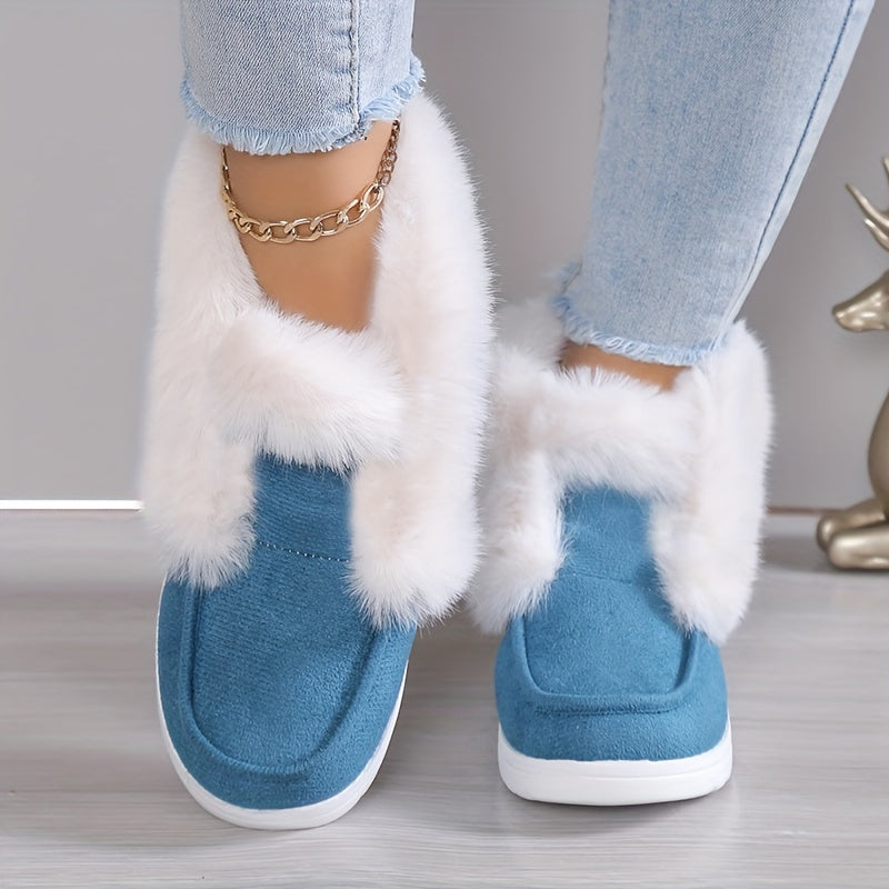 Women's Solid Color Shoes, Slip On Round Toe High-top Velvet Warm Fluffy Soft Sheos, Outdoor Comfy Fuzzy Shoes