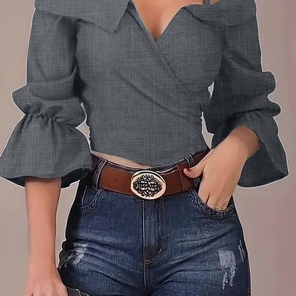 Solid Spaghetti Strap Blouse, Casual Bell Sleeve Surplice Neck Blouse, Women's Clothing