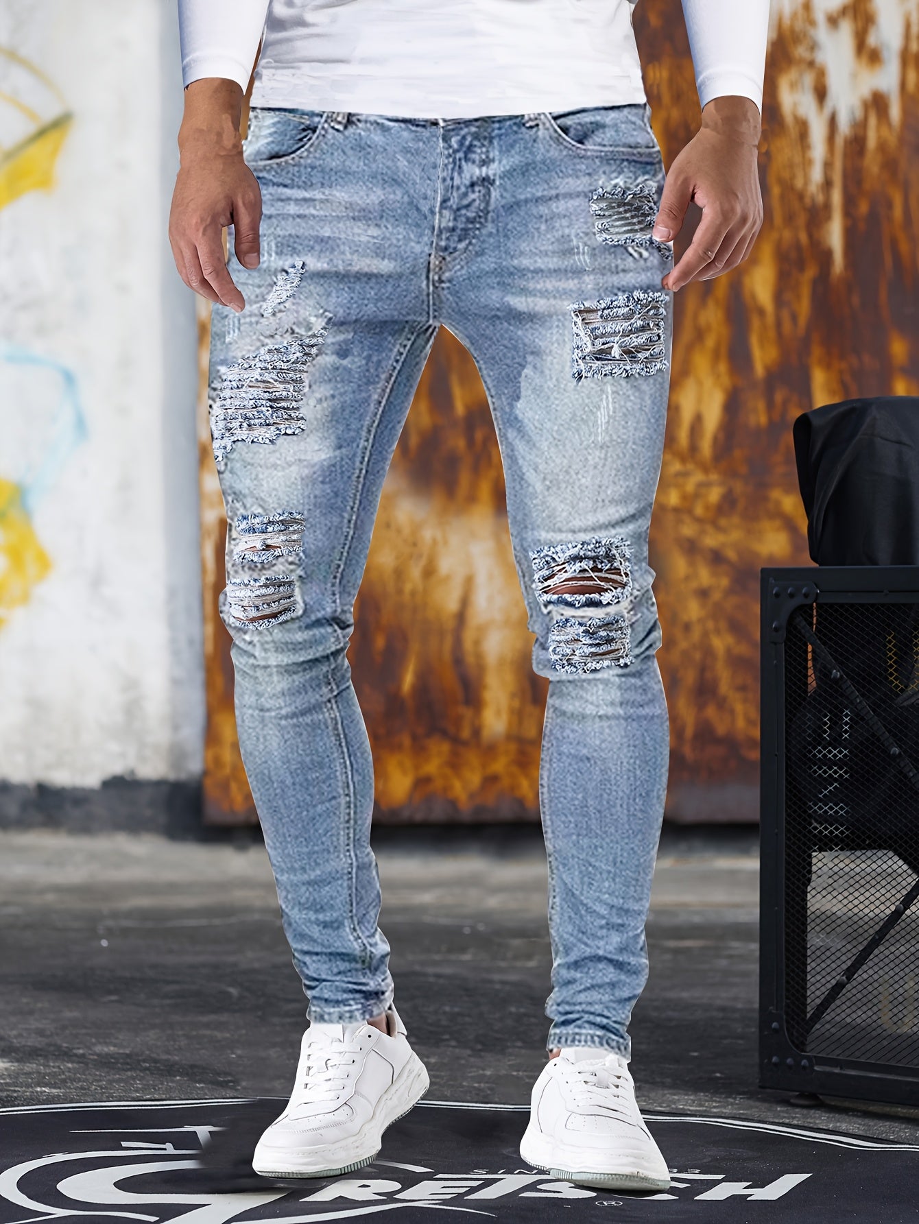Slim Fit Ripped Jeans, Men's Casual Street Style Distressed Medium Stretch Denim Pants