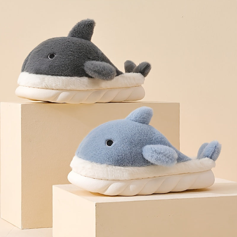 Men's Casual Cute Shark Design Slippers, Non-slip Warm Plus Fleece Home Shoes for Autumn And Winter, Thick Sole, Plush, Couple, ASIFN