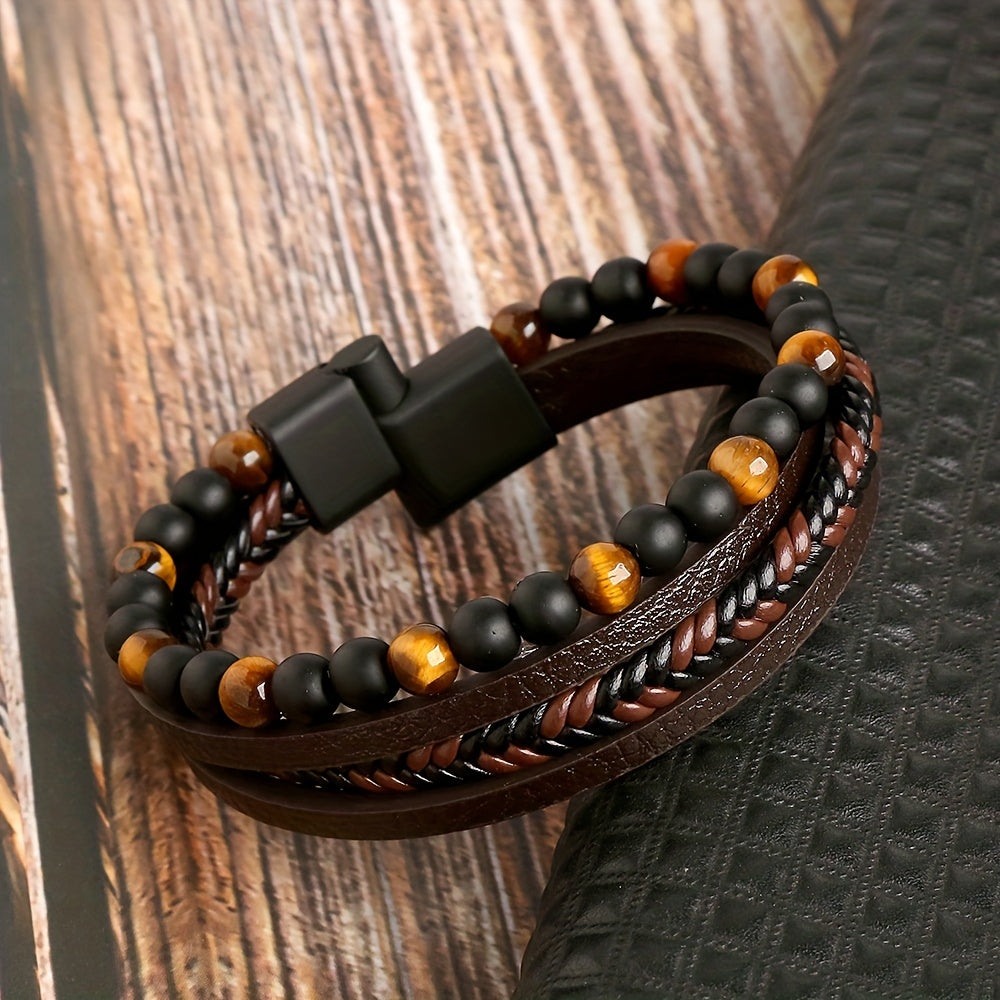 Retro Men's Braided Natural Obsidian Bracelet, Beaded Tiger Eye PU Leather Braided Stacking Multilayer Bracelet