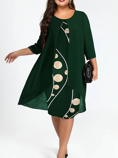 [Elegant Abstract Print Dress] Elegant 3/4 Sleeve Abstract Print Layered Dress - Women's Clothing, Crew Neck