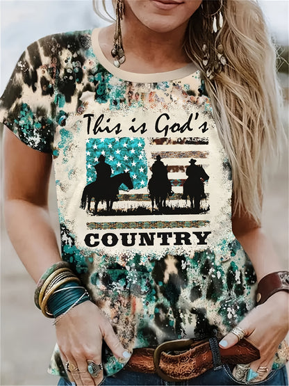 This Is God Country Letter Print T-shirt, Casual Vintage Crew Neck Short Sleeve T-shirt, Women's Clothing