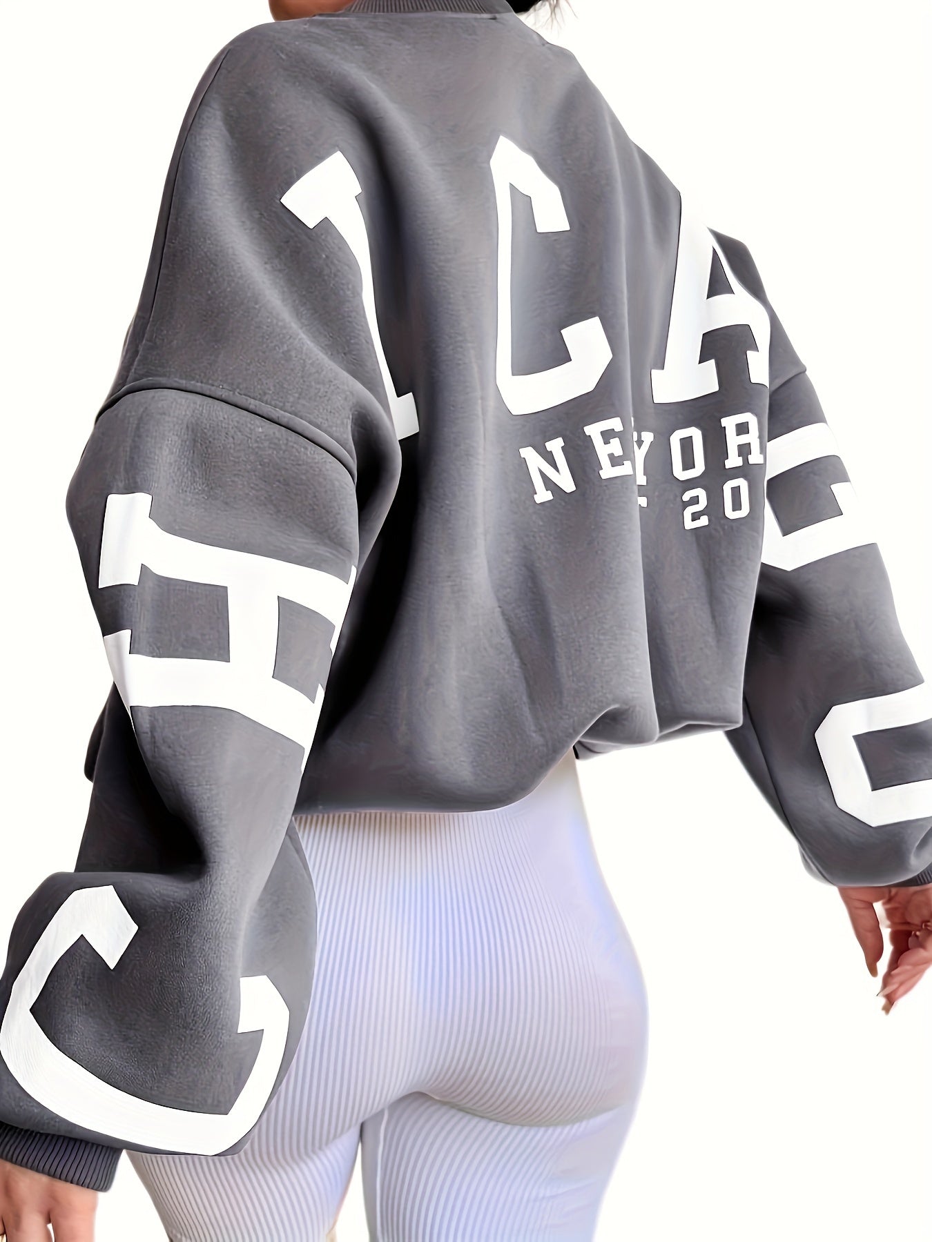 Plus Size Casual Top, Women's Plus Letter Print Drop Shoulder Long Sleeve Round Neck Sweatshirt