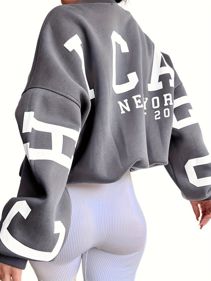 Plus Size Casual Top, Women's Plus Letter Print Drop Shoulder Long Sleeve Round Neck Sweatshirt