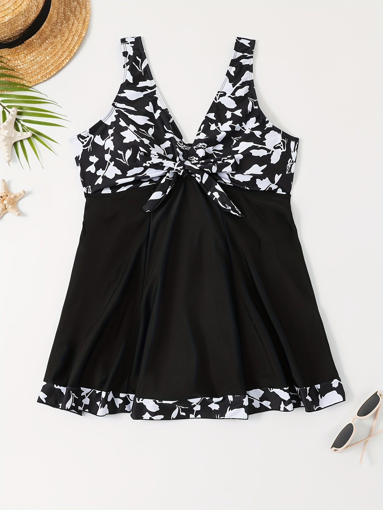 Plus Size Womens Vibrant Floral Print Tie Front V Neck One Piece Swimsuit - High Stretch, Comfortable, Vacation Essential - Polyester Knit Fabric, Random Printing, No Sheer