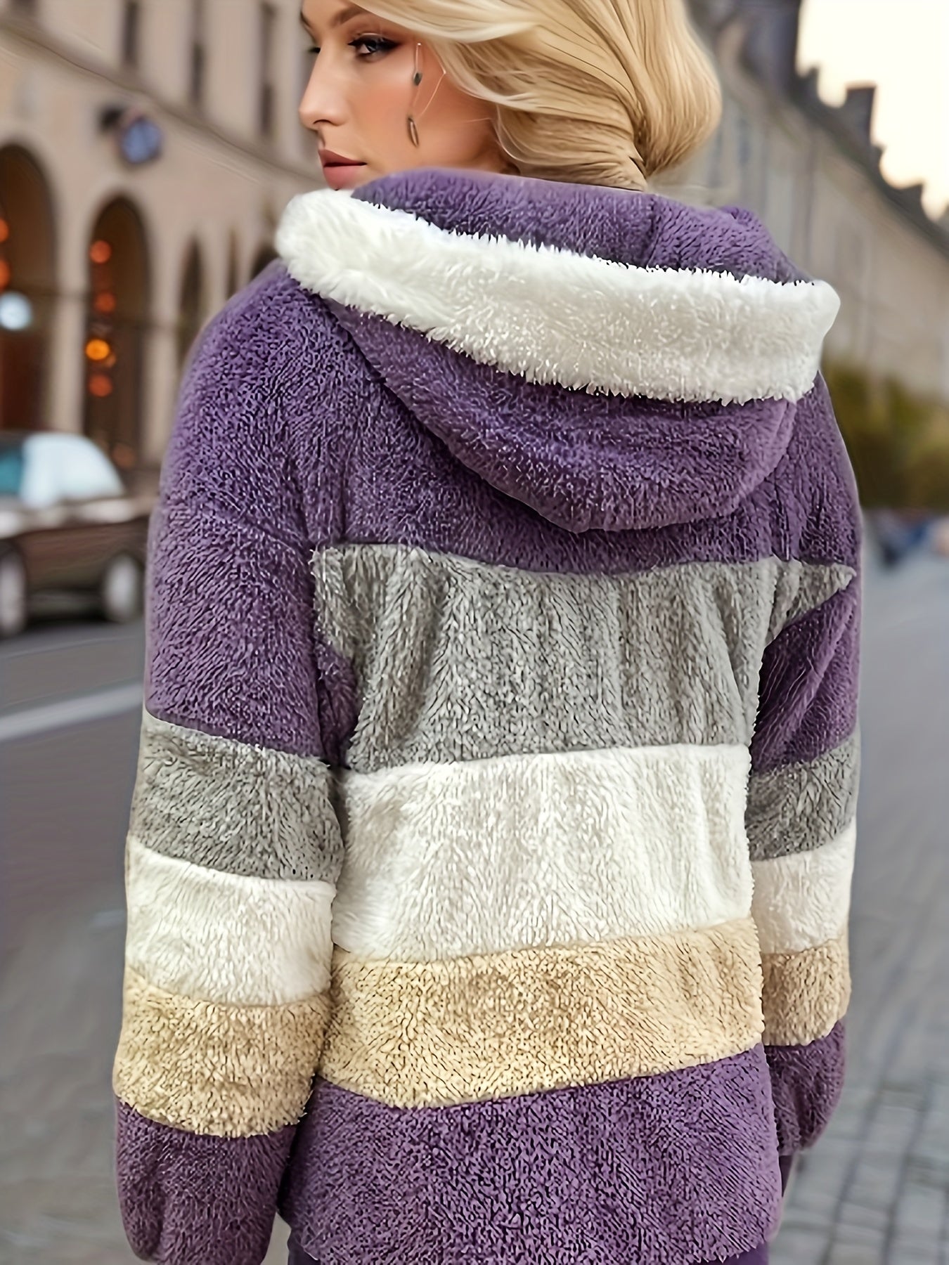 Ultra-Soft Color Block Fuzzy Hooded Coat - Stylish Winter Warm Outerwear with Full-Length Sleeves - Perfect for Casual Wear - Womens Clothing