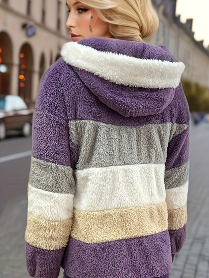 Ultra-Soft Color Block Fuzzy Hooded Coat - Stylish Winter Warm Outerwear with Full-Length Sleeves - Perfect for Casual Wear - Womens Clothing