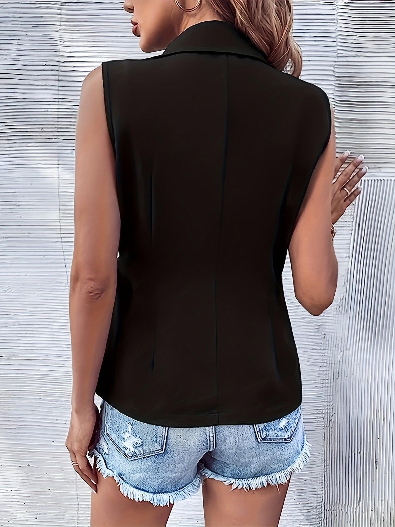 Plus Size Chic Blazer Vest - Solid Side Knot Design with Double Breast Buttons - Elegant, Asymmetric Hem & Slight Stretch for a Flattering Fit