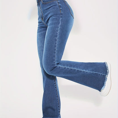 High-Rise Blue Raw Hem Flare Jeans - Slim Fit Bell Bottoms for Women - High-Stretch Denim Clothing with Trendy Style