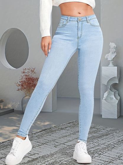 Blue Slim Fit Skinny Jeans, Slim Fit High-Stretch Slant Pockets High Rise Denim Pants, Women's Denim Jeans & Clothing