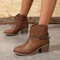 Women's Chunky Heeled Ankle Boots, Retro Buckle Strap Pointed Toe Booties, Side Zipper Short Boots