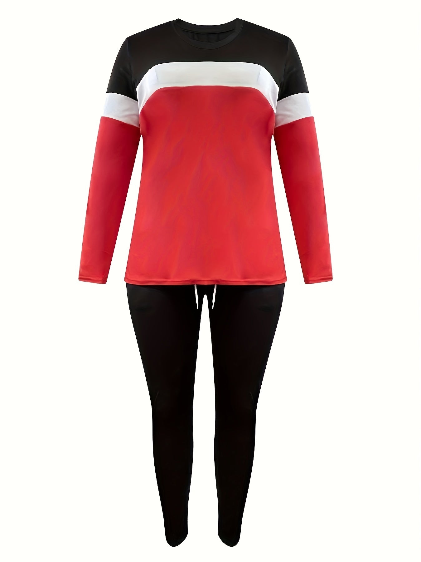 Plus Size Casual Outfits Two Piece Set, Women's Plus Colorblock Long Sleeve Round Neck Top & Pants Outfits 2 Piece Set