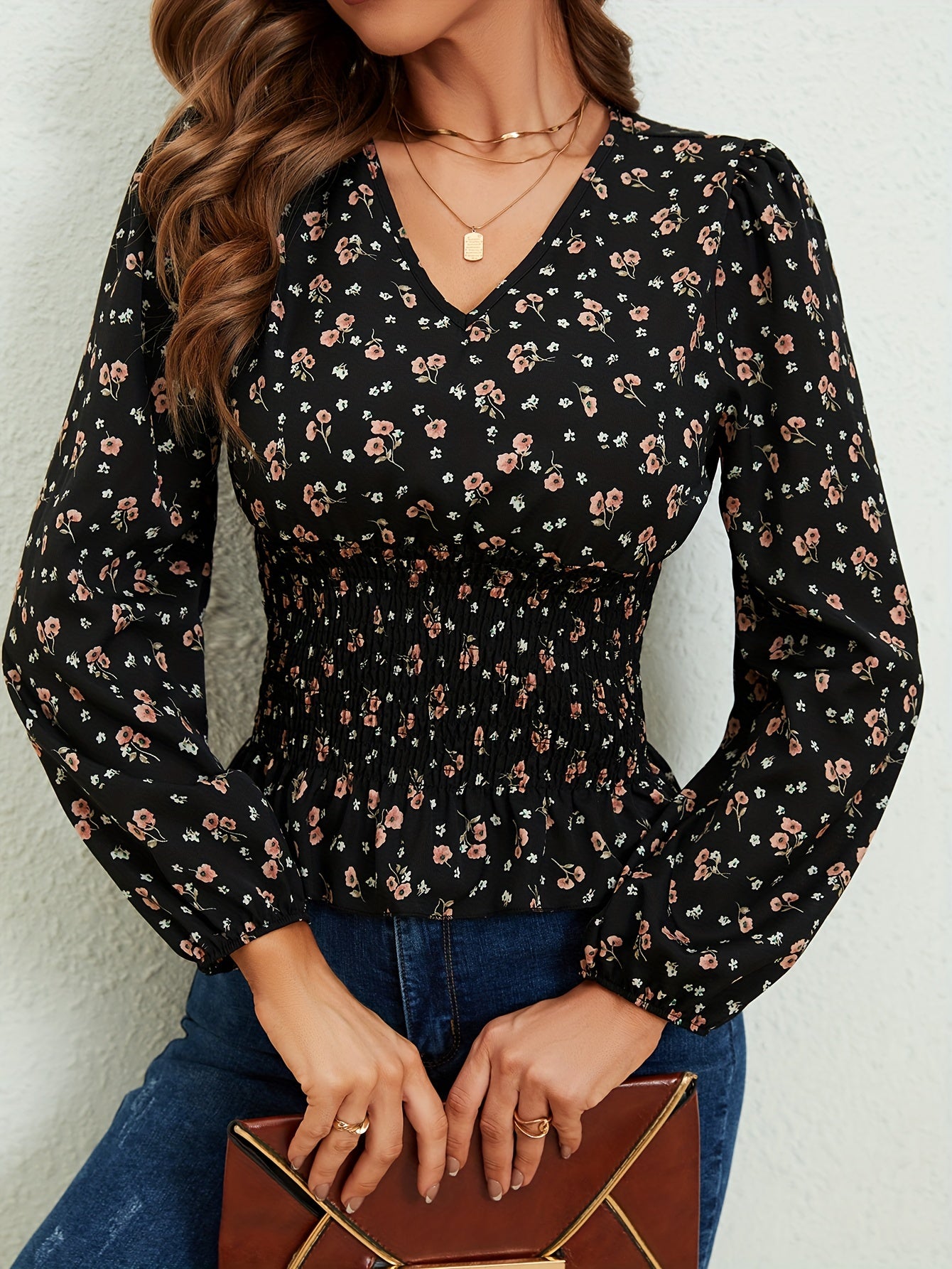 Ditsy Floral Print Shirred Blouse, Elegant Long Sleeve V Neck Blouse, Women's Clothing