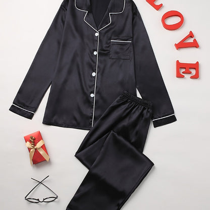 Solid Pajama Set, Long Sleeve Button Up Lapel Top & Pants Pj Set, Women's Sleepwear & Loungewear