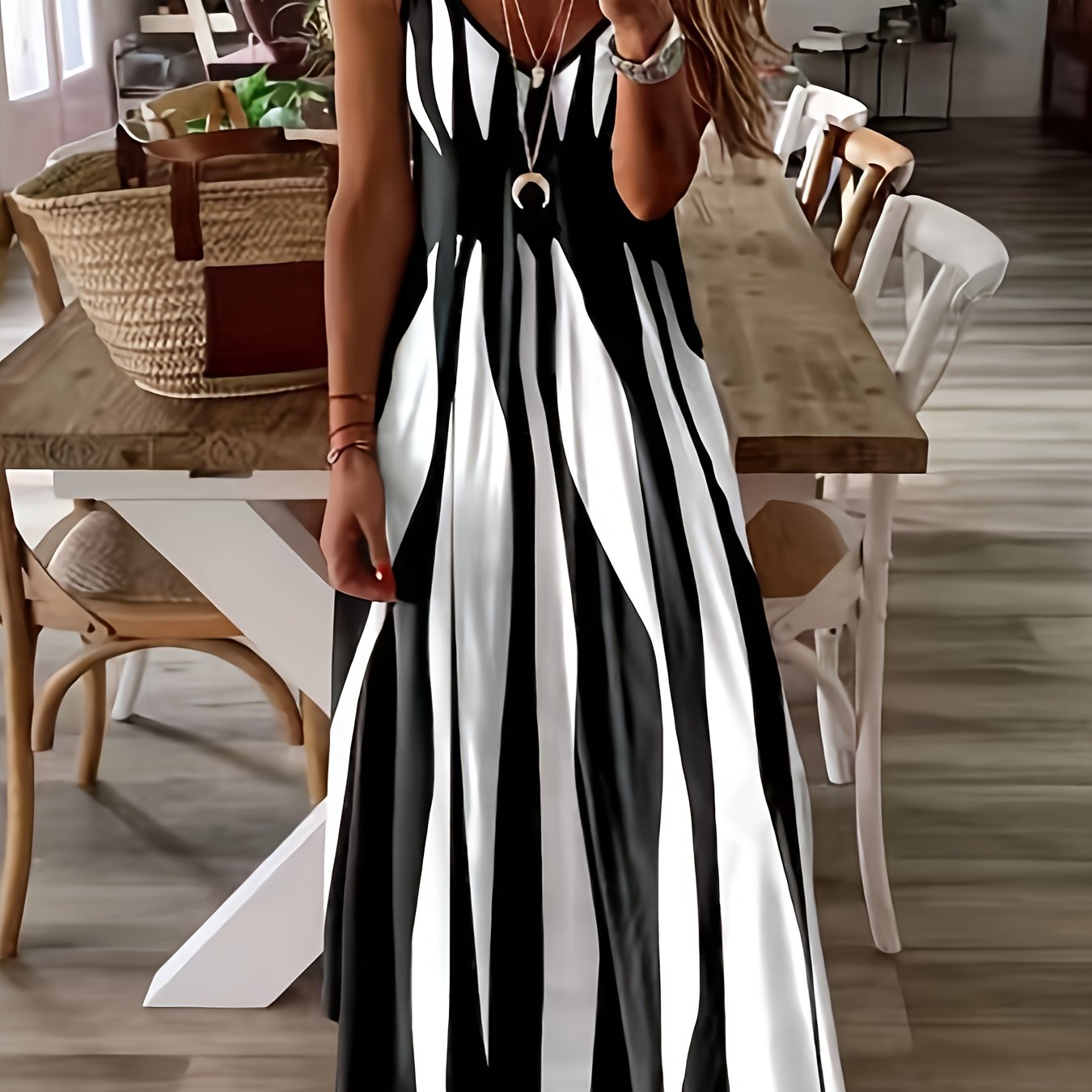 Vibrant Geo Print Deep V Neck Modest Sun Dress - Soft Micro Elastic Polyester Fabric, Machine Washable, Sleeveless, Spaghetti Strap, Perfect for Summer - Womens Casual Wear